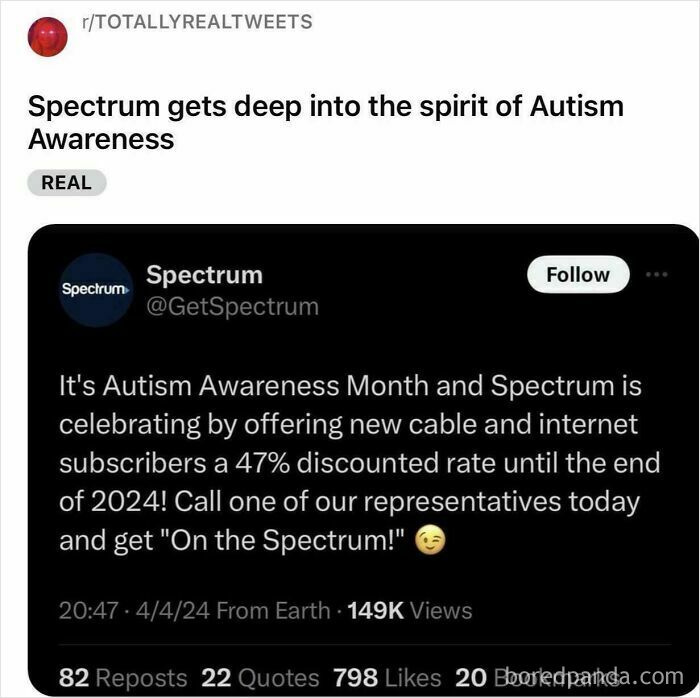 Tweet mocking Spectrum's Autism Awareness discounted offer with insensitive wording