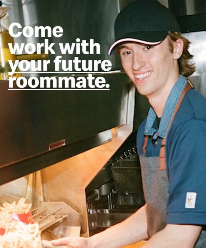 Advertisement featuring a fast-food worker inviting to work with your future roommate