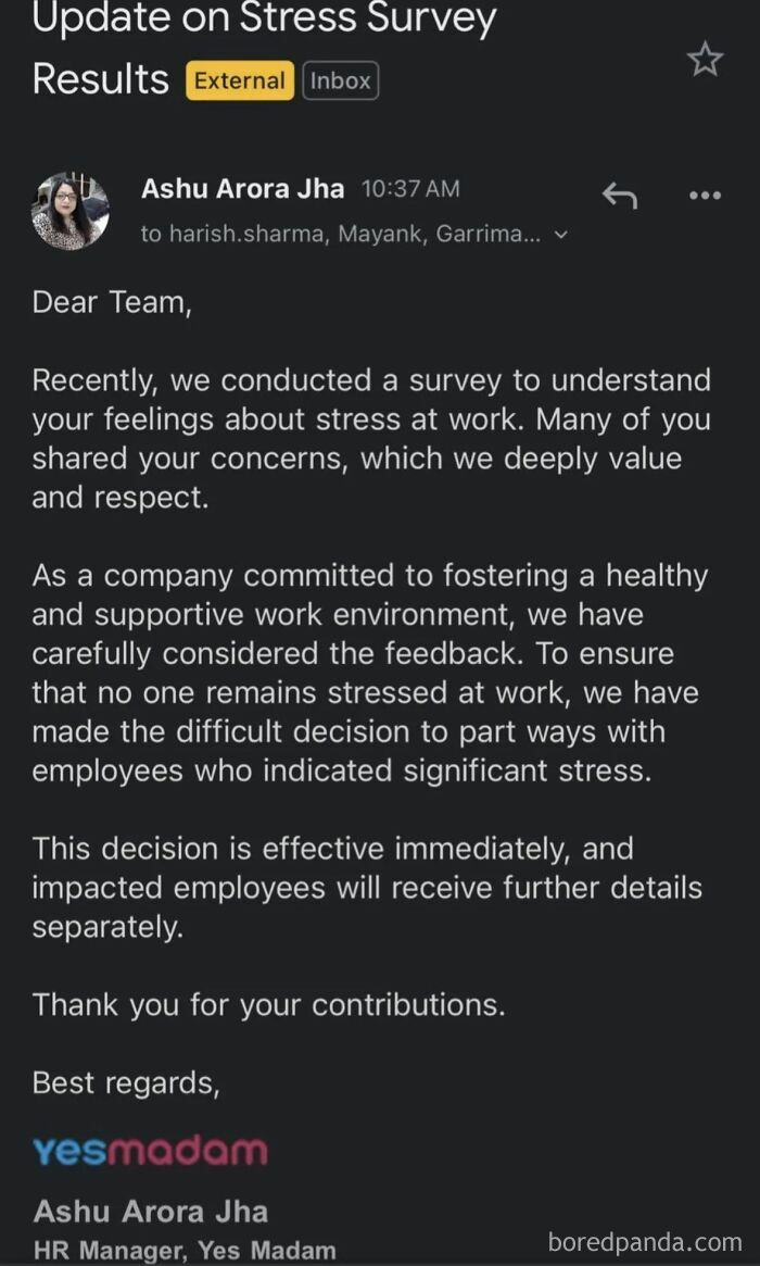 Email detailing stressful work survey results and company layoffs at Yes Madam