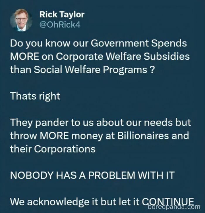 Tweet criticizing government spending more on corporate welfare subsidies