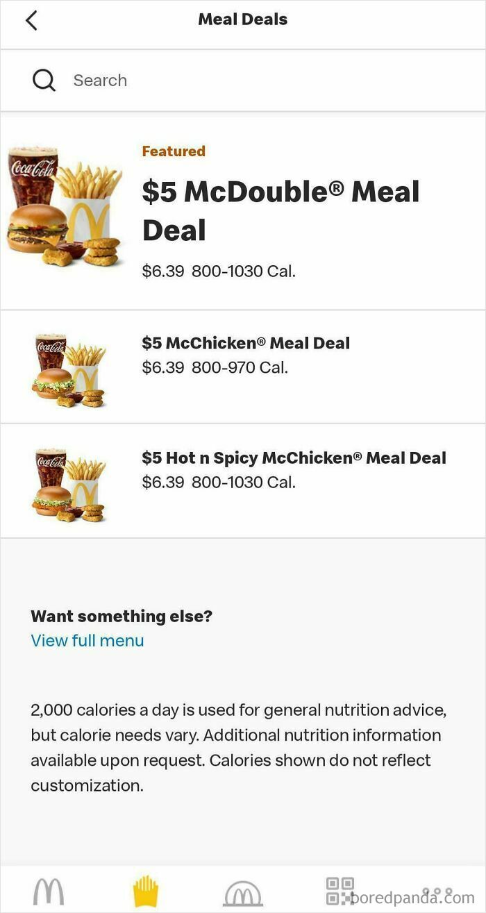 McDonald's app screen displaying $5 McDouble meal deals with calories and prices