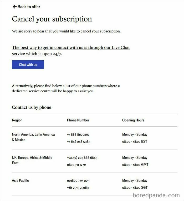 Subscription cancellation page with contact phone numbers and live chat for customer service