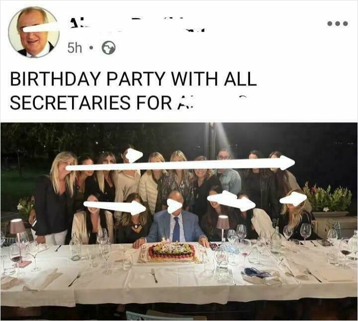 Birthday party photo with all secretaries highlights corporate failure humor