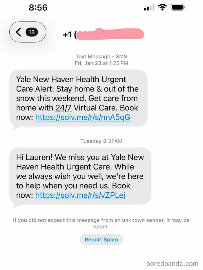 Text messages from Yale New Haven Health urging virtual care booking