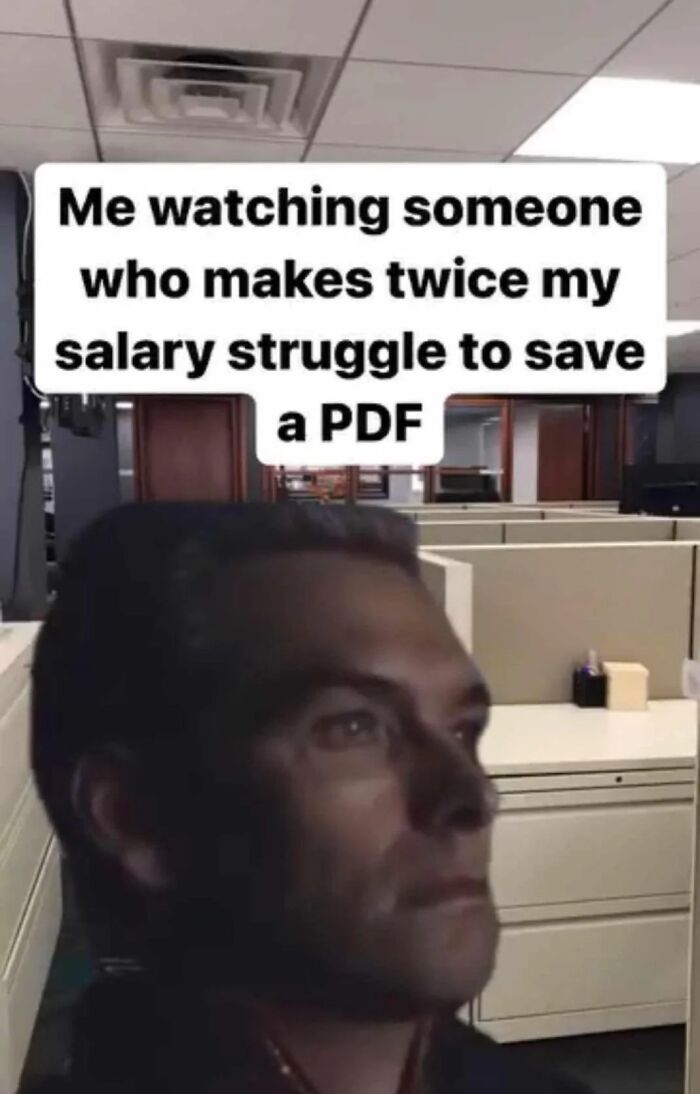 Meme about salary discrepancy and struggle to save a PDF