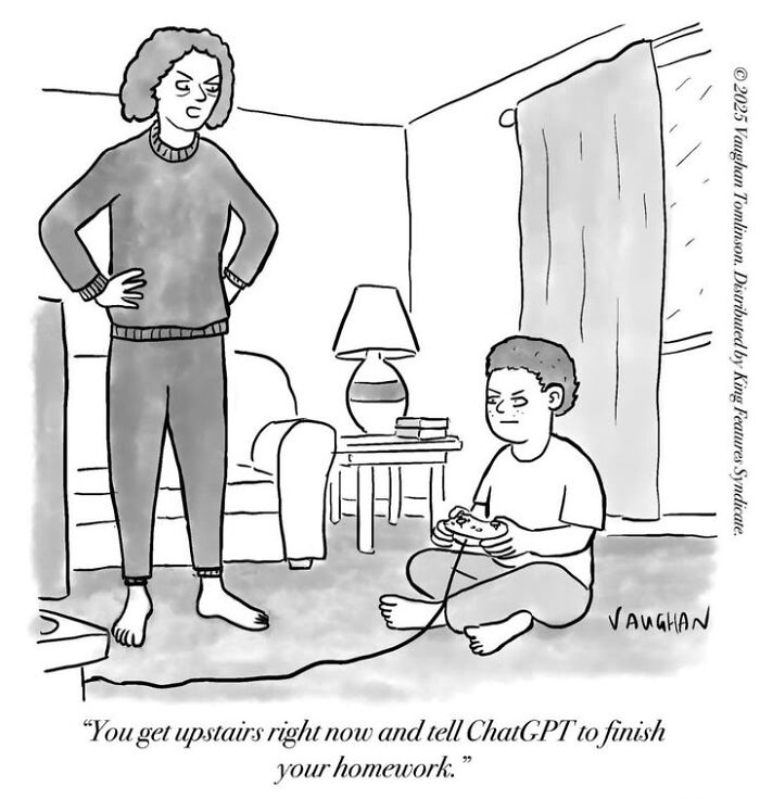 Angry parent tells child to ask ChatGPT to finish homework in comedy comic