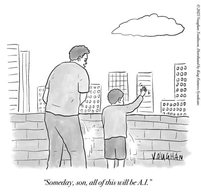 Cartoon of father and son urinating on city wall with future AI joke for comedy comics