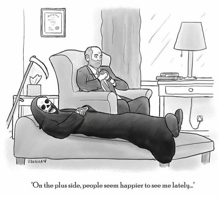 Cartoon of grim reaper on therapy couch with therapist in comedy comics