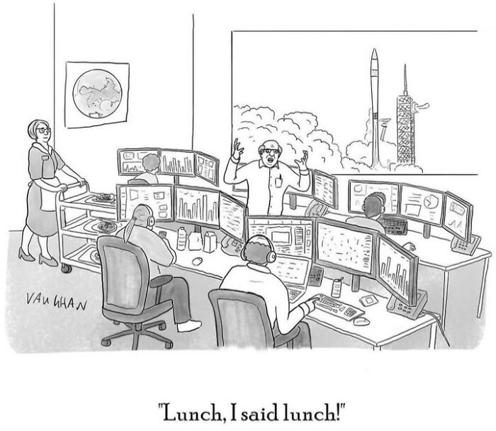 Humorous space control room comic with scientist yelling lunch