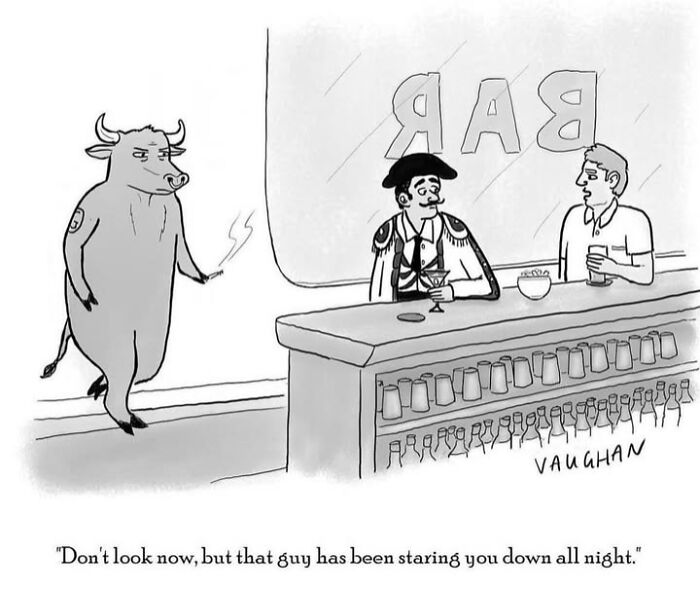 Bar scene comic with a bull smoking and staring at a man
