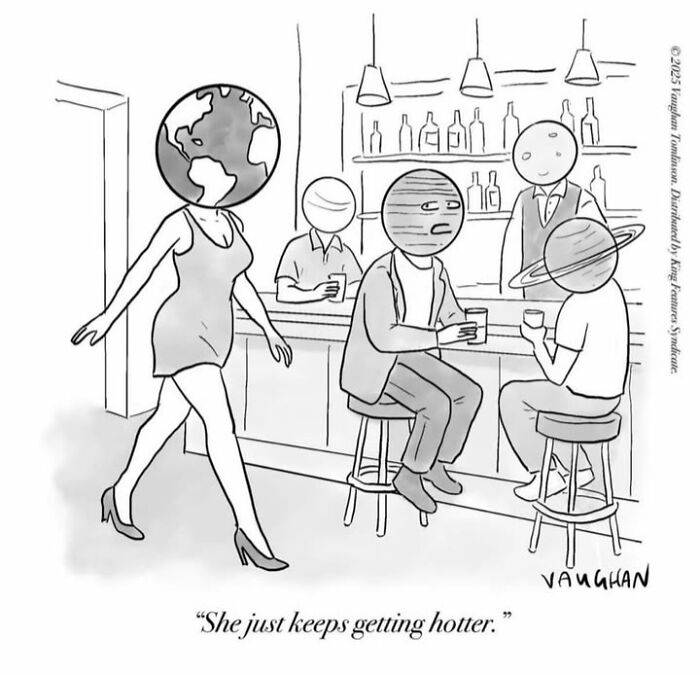 Comic showing Earth as woman getting hotter in a bar scene