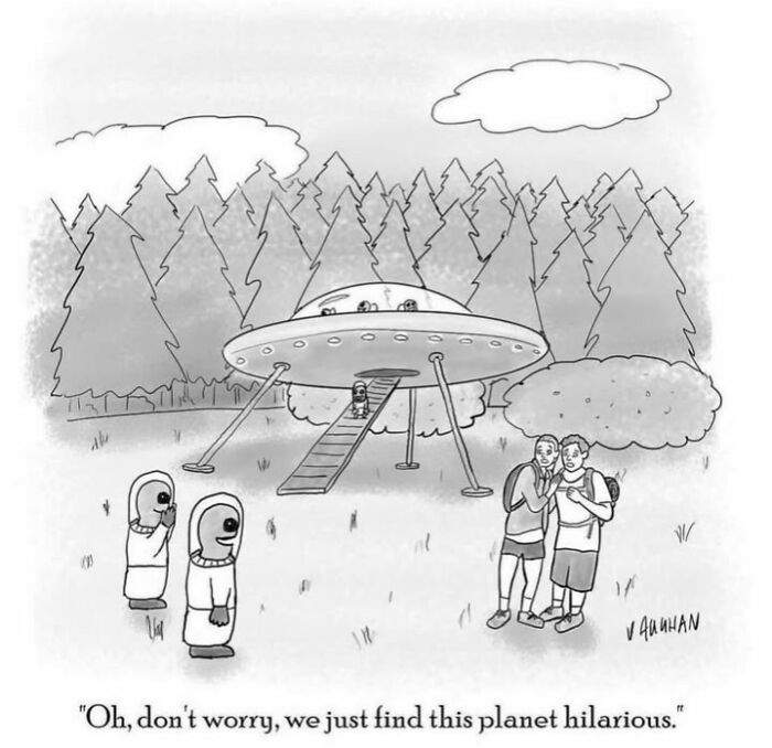 Aliens laughing at humans next to a spaceship in a comedy comic