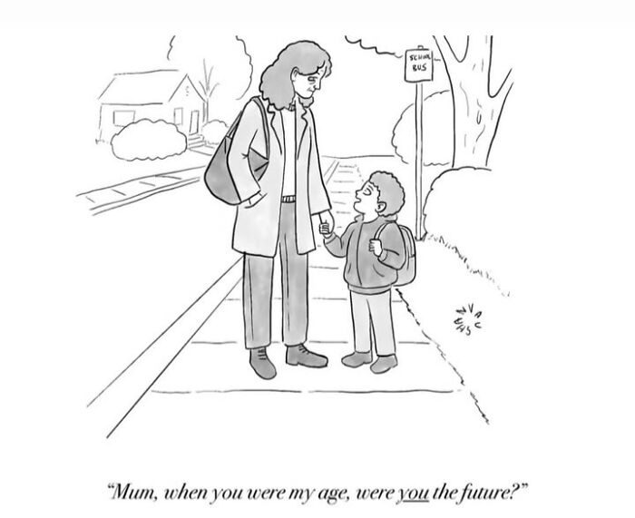 Mother and child at a school bus stop in a comedy comic