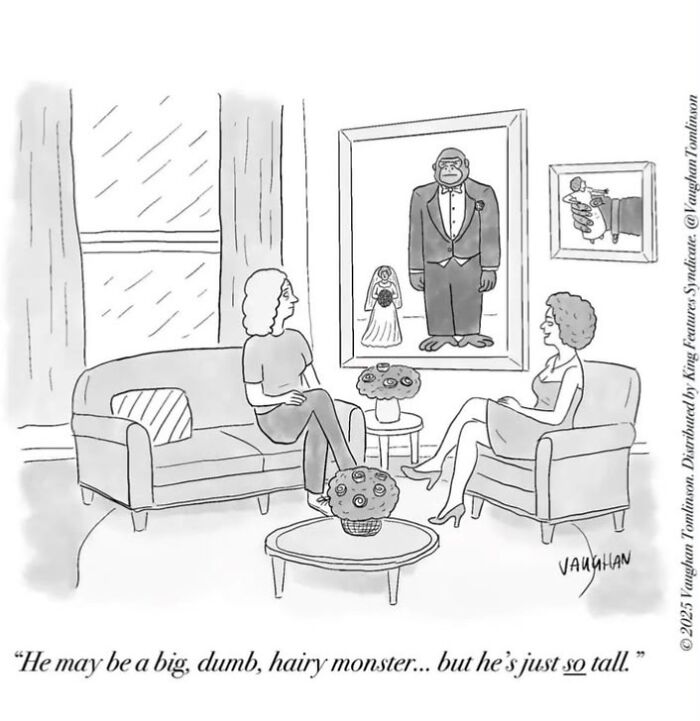 Comedy comic of two women discussing a tall, hairy monster portrait