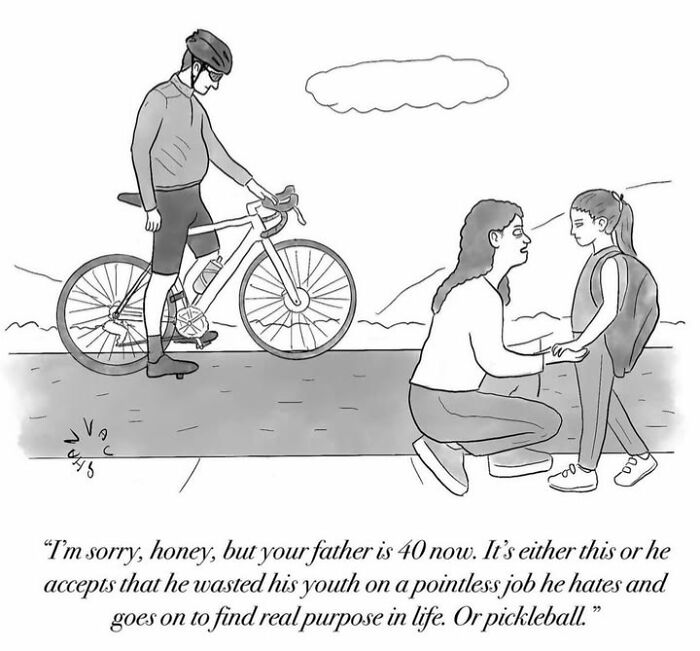 Man on bike watching woman talking to child, comedy comic about midlife and finding purpose