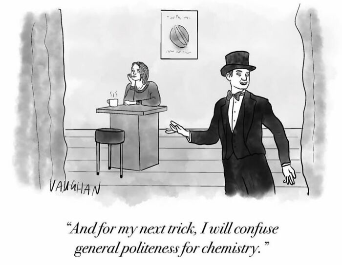 Magician on stage with woman watching, comedy comic about confusing politeness for chemistry