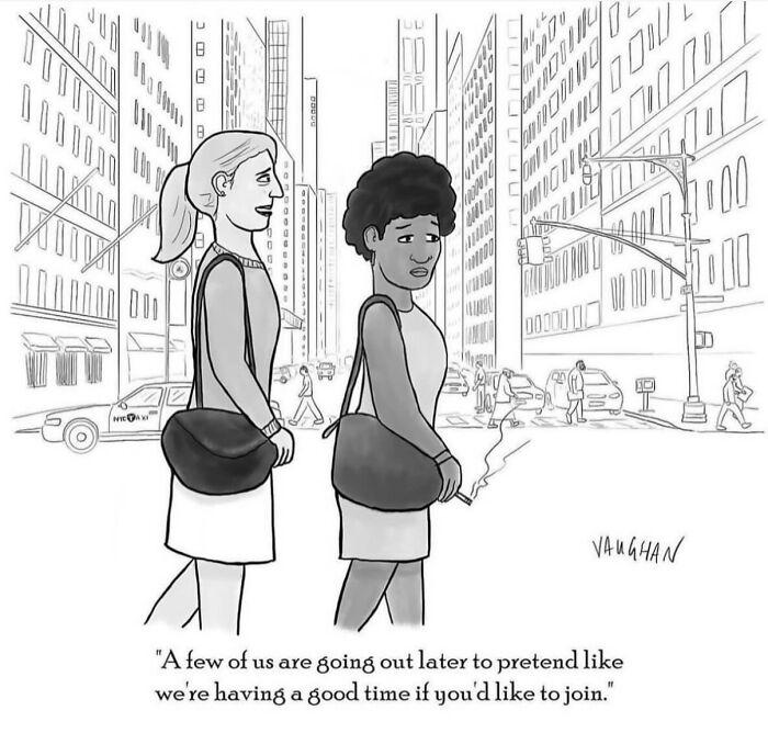 Cartoon of two women in city, one inviting to pretend to have fun later