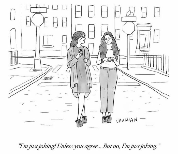 Comic of two women walking and joking with each other on city street