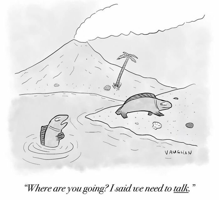 Fish on land and in water near a volcano with dialogue about needing to talk