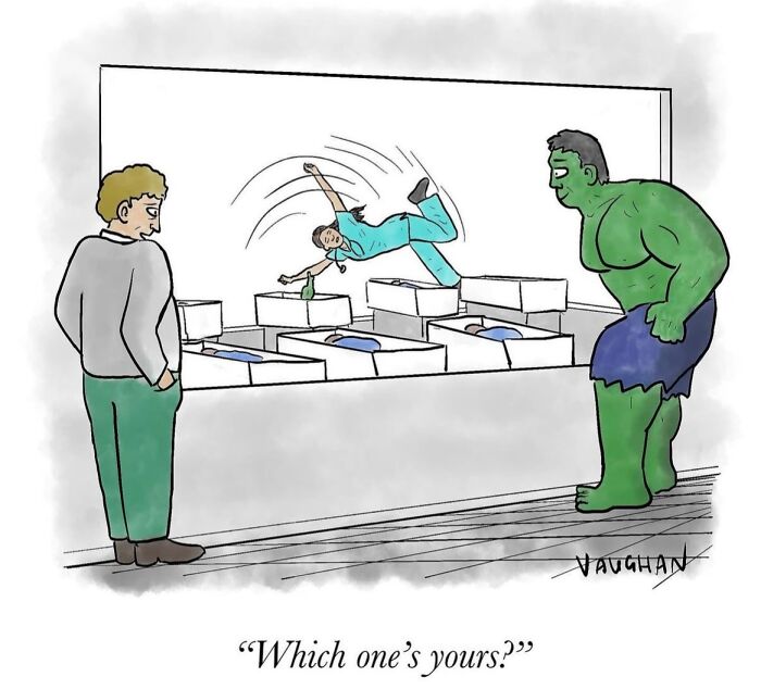 Comic showing Hulk and others observing miniature person in boxes asking which is theirs