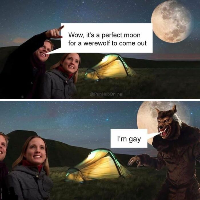 Werewolf under full moon camping meme with unexpected punchline
