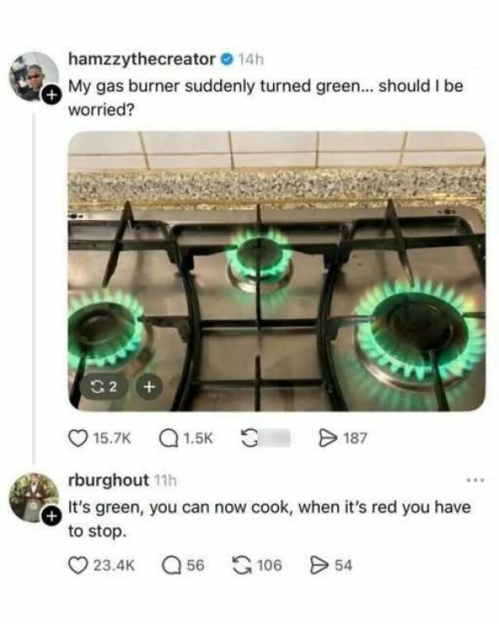 Strange and funny pics showing a social media post about green stove flames.