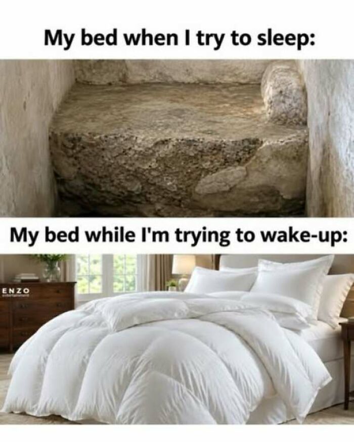 Strange pics split meme comparing a hard stone slab bed to a soft fluffy white duvet bed.