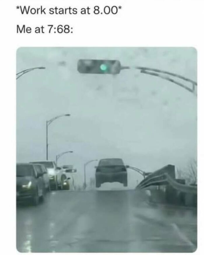Strange pics of a car airborne on a road with meme text about being late for work.