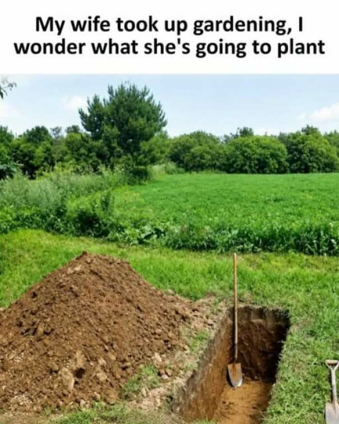 Funny pics of a grave-shaped hole freshly dug in a grassy field next to a pile of dirt and a shovel.