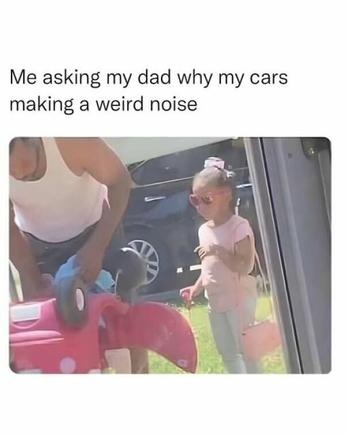 Funny pics meme of a little girl watching her dad fix her pink toy car upside down.