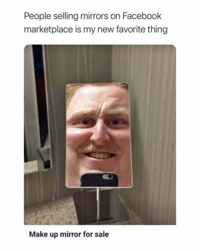 Strange pics meme showing a close-up reflection of a man in a small makeup mirror for sale