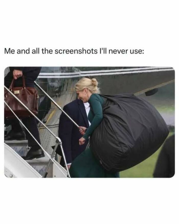 Strange and funny pics meme of a woman carrying a giant trash bag down airplane stairs like unused screenshots