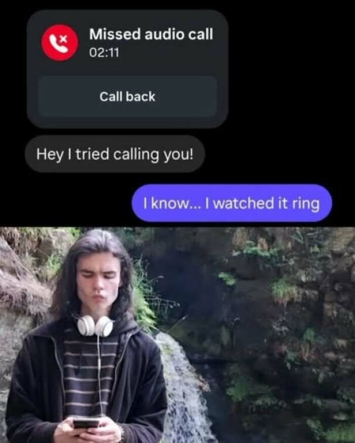 Funny pics meme showing a text conversation about ignoring a phone call next to a man looking at his phone