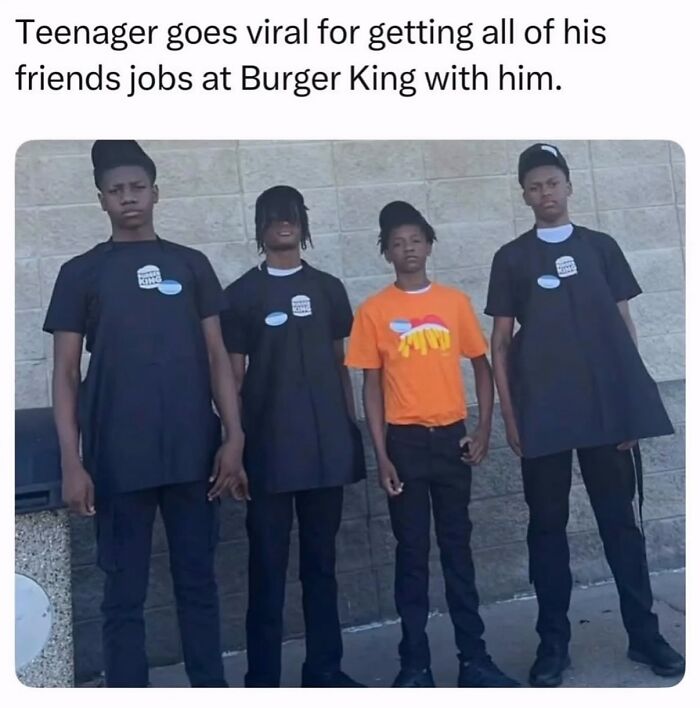 Four teenagers in Burger King uniforms standing outside viral story boys just livin posts
