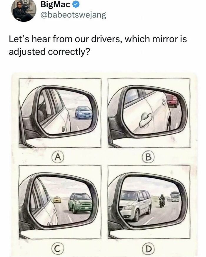 Car side mirror views labeled A to D asking which mirror adjustment is correct boys just livin posts