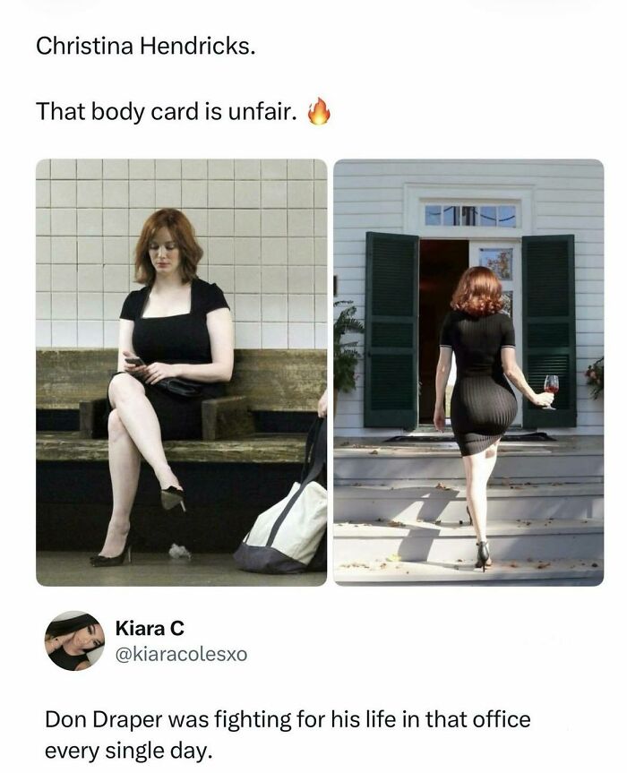 Christina Hendricks sitting and walking with wine glass highlighting body in boys just livin posts