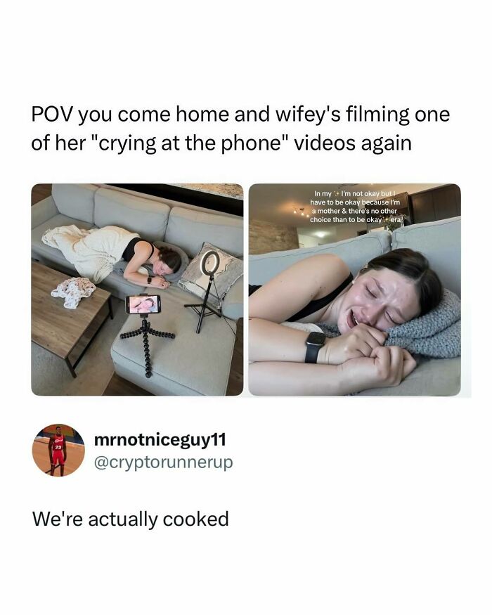 Woman filming emotional video on couch with phone setup in boys just livin posts