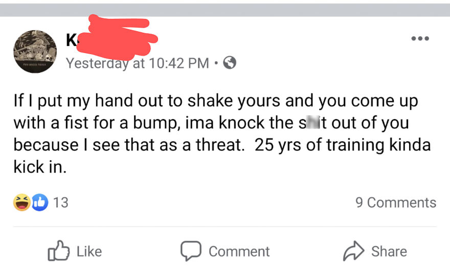 Awkward tough online post threatening fist bump with 25 years of training