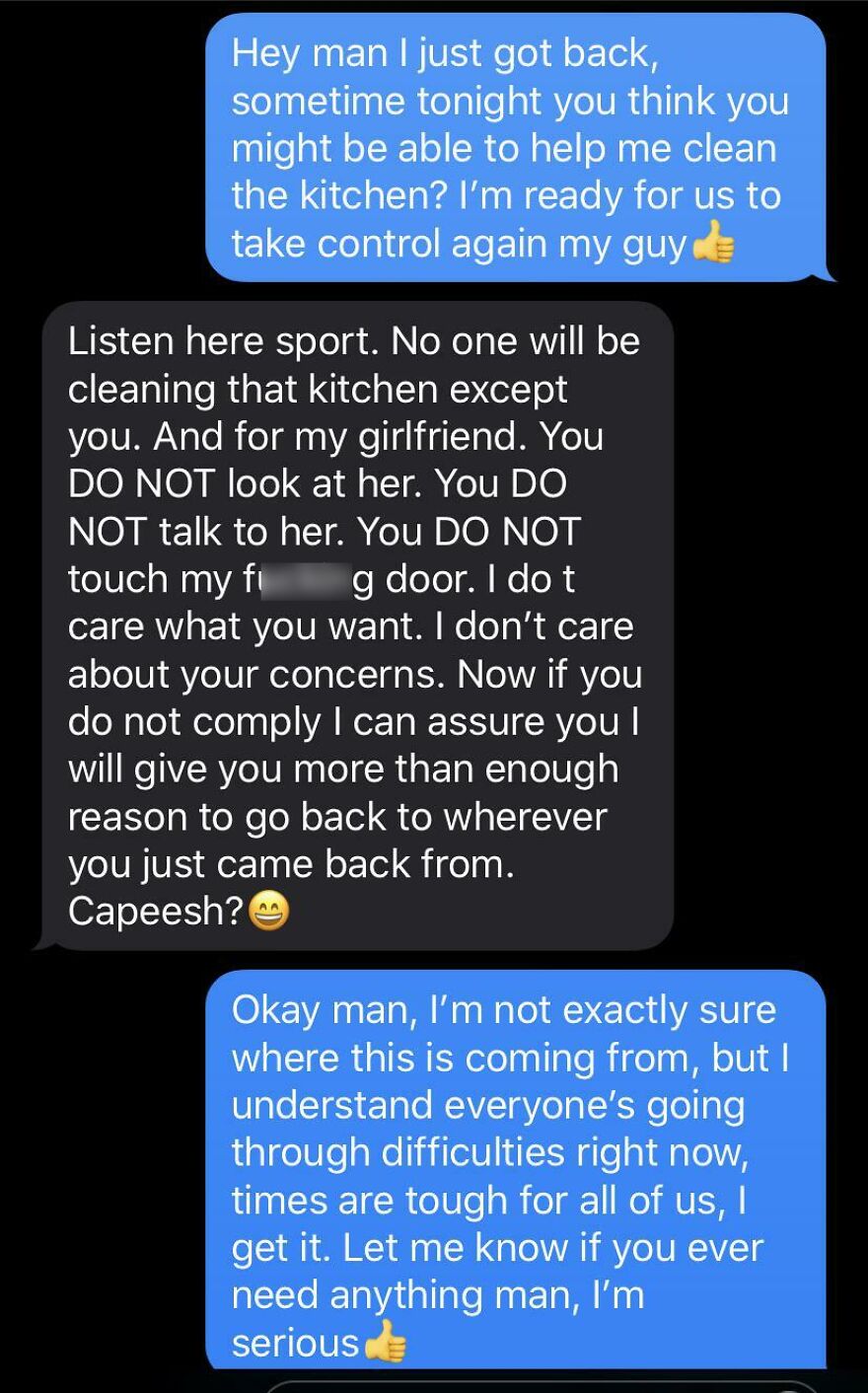 Text exchange with aggressive tone over kitchen cleaning control