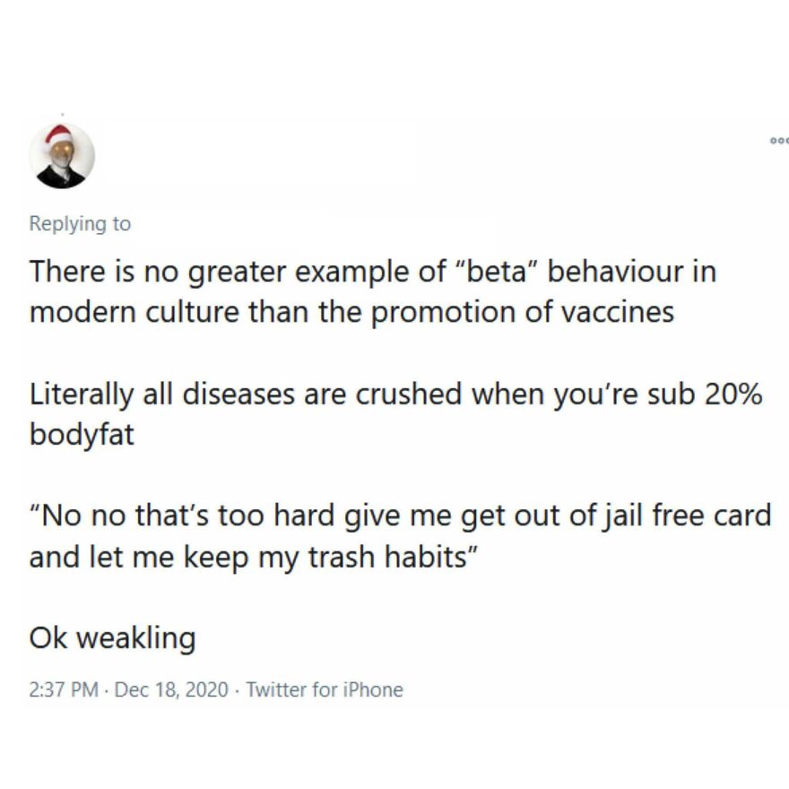 Tweet criticizing vaccine promotion as weak beta behavior
