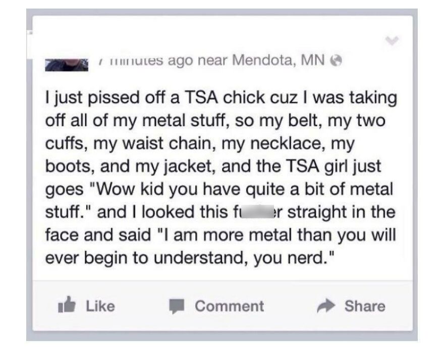 Social media post bragging about having more metal items than TSA agent