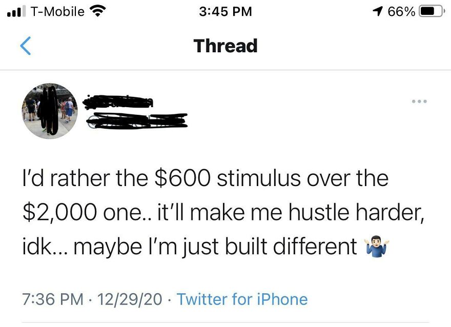 Tweet preferring 600 dollar stimulus over 2000 dollar one to hustle harder