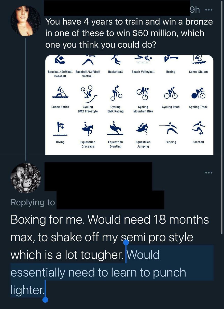 Social media post about training four years to win boxing and needing to learn to punch lighter