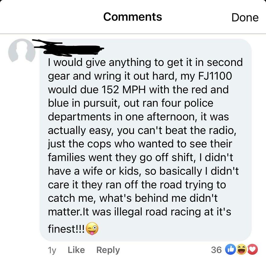 Comment boasting about illegal high-speed road racing on motorcycle outrunning police