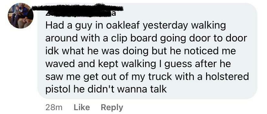 Comment about man with holstered pistol intimidating door-to-door visitor