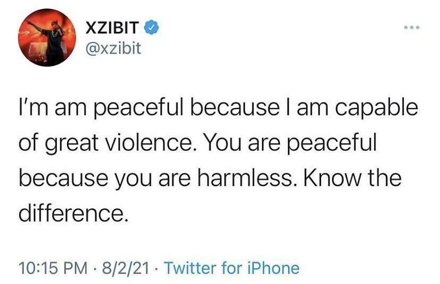 Tweet about being peaceful due to capability of great violence tough online post
