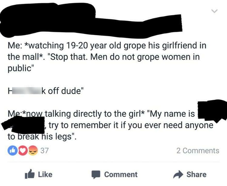 Facebook post threatening to break legs over public groping awkward toughness