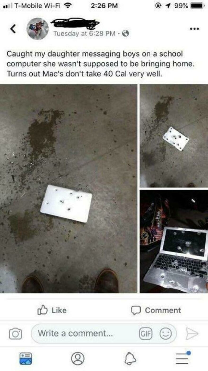 Social media post showing bullet-ridden MacBook to appear tough online