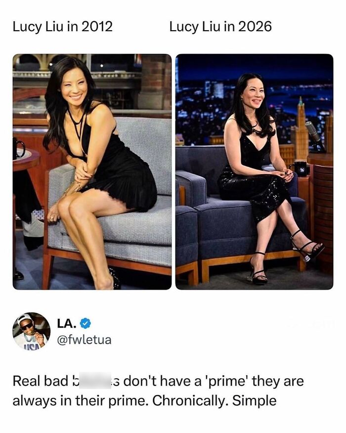 Side-by-side photos of Lucy Liu from 2012 and 2026 highlighting prime years boys just livin posts