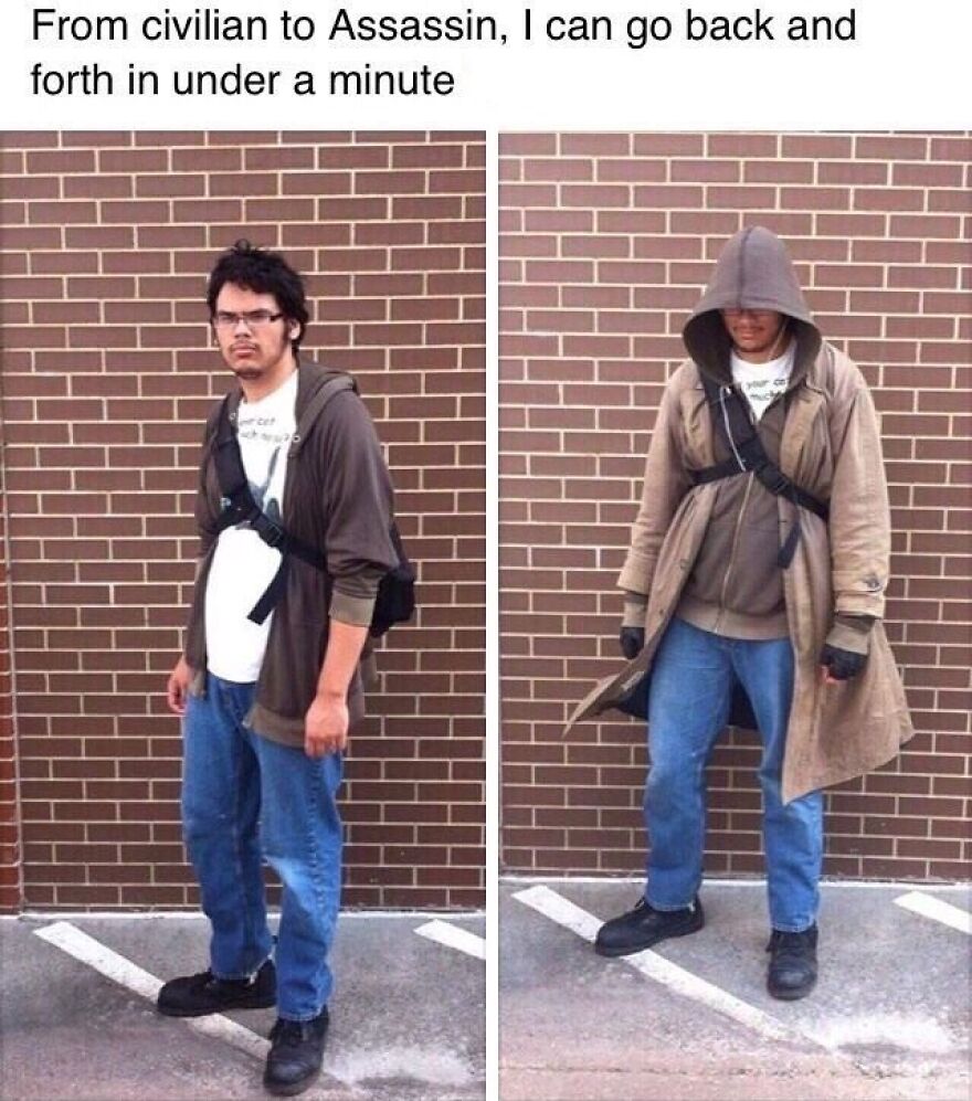 Comparison image of man switching from casual to assassin outfit trying to look tough